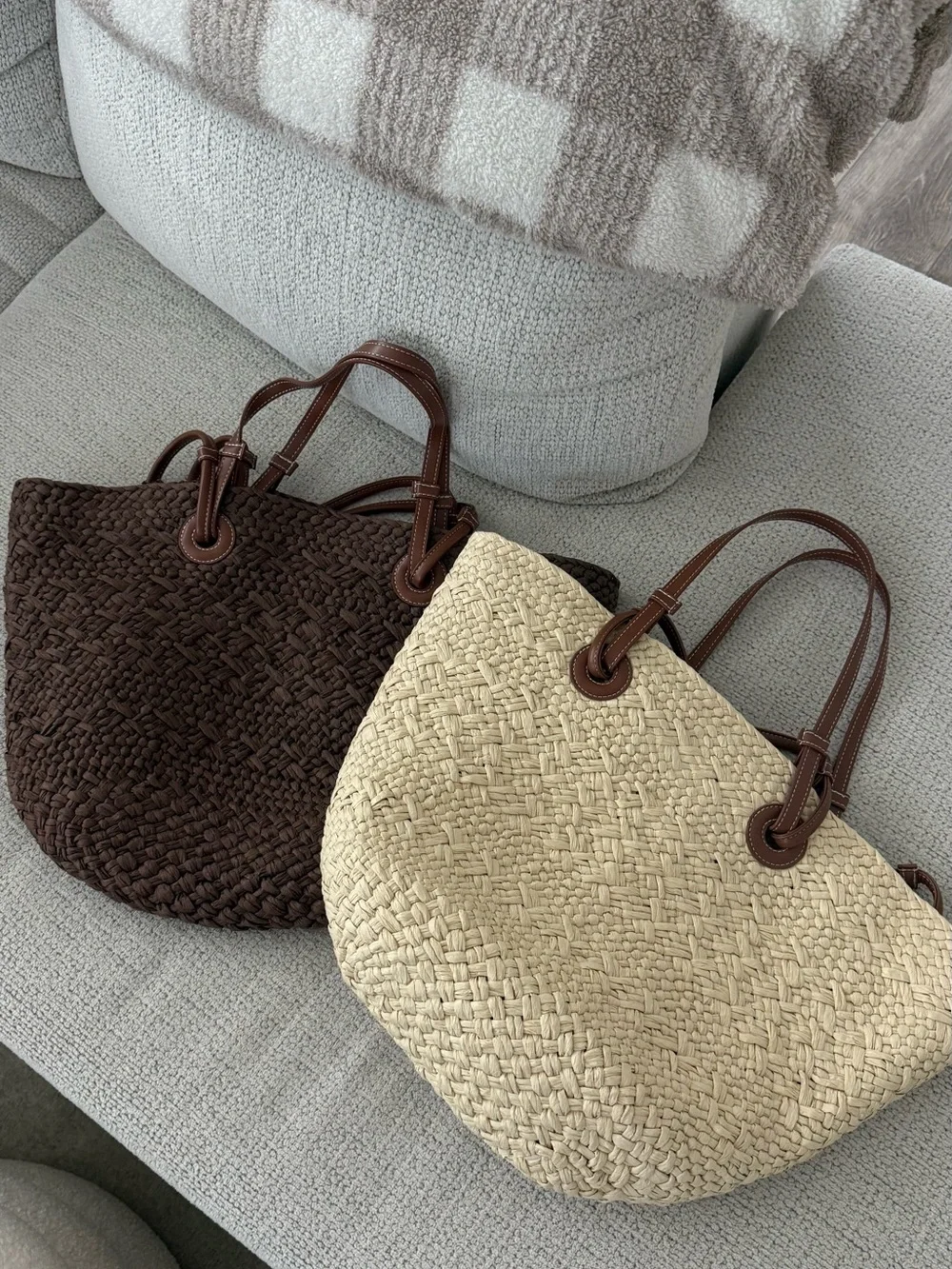 Woven Straw Tote Bag with Brown Leather Handles - Natural / Dark Brown - Picture 1 of 6